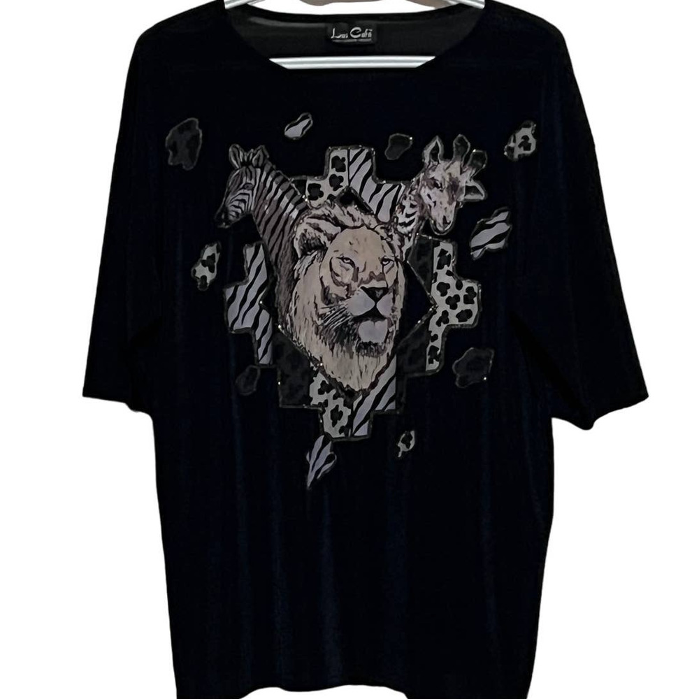Las Cafa‎ Women's Lightweight Black Gold Gray Lions, Zebra, Giraffe Top